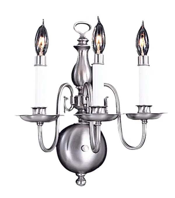 The Jamestown sconce brings traditional elegance with its three-candle configuration and satin pewter finish. At 13 inches wide, it provides substantial illumination while maintaining refined proportions for various interior settings.