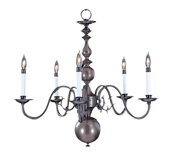 This five-light chandelier delivers timeless colonial styling in polished brass, offering authentic American-made quality that transitions seamlessly between formal dining rooms and casual gathering spaces.