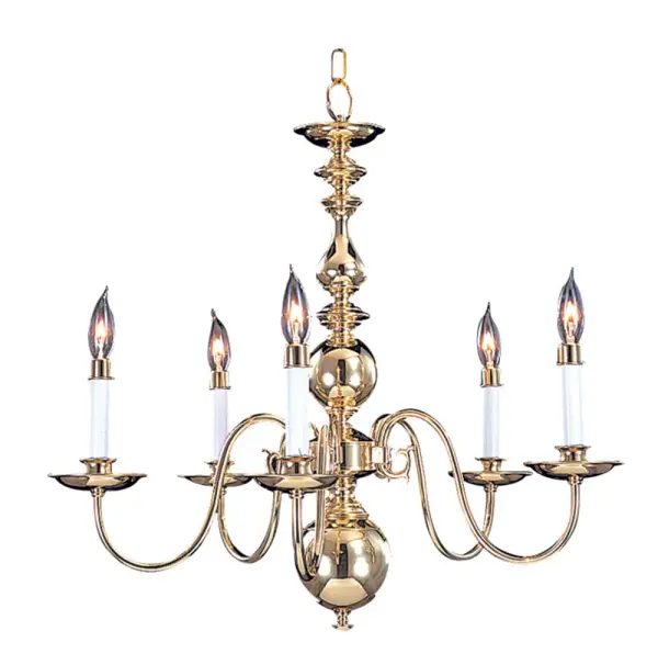 The Jamestown chandelier brings timeless traditional style with its polished brass finish and classic candle-style design. At 24 inches wide, it's perfectly sized for medium dining rooms and offers versatile lighting with five 60-watt bulbs.