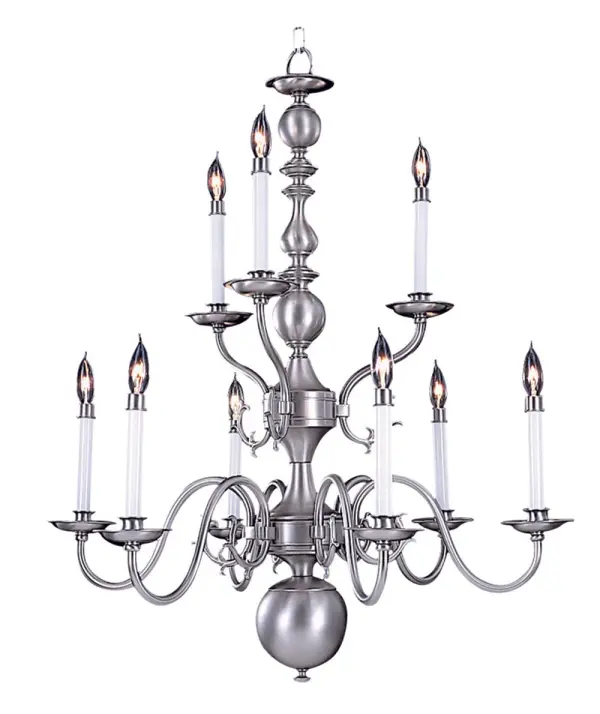 The Jamestown 9-Light Chandelier brings timeless elegance with its candle-style design and satin pewter finish. At 30 inches wide and 35 inches tall, this substantial fixture creates a stunning focal point over large dining tables.
