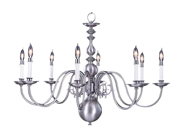 The Jamestown 8-Light Chandelier combines classic candle-style elegance with substantial scale. Its 35-inch width and satin pewter finish create a sophisticated focal point ideal for large dining rooms and formal entertaining spaces.