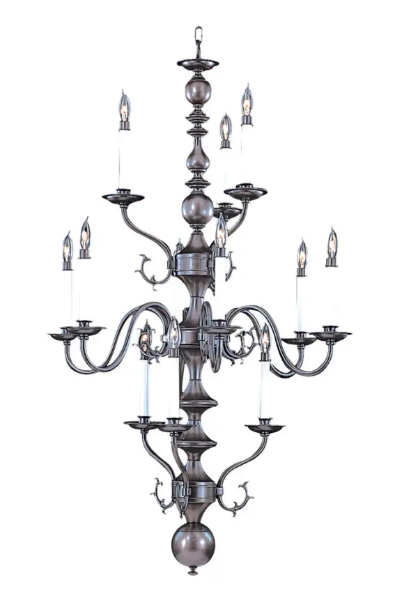 The Jamestown foyer chandelier makes a dramatic statement with 12 candelabra lights arranged in a multi-tier design. At 30 inches wide and over 4 feet tall, this substantial fixture in rich Mahogany Bronze finish is ideal for grand entryways and high-ceiling spaces.