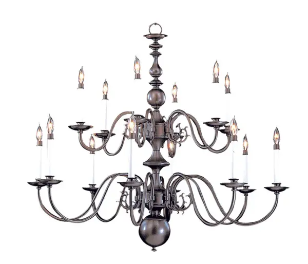 The Jamestown foyer chandelier commands attention with its impressive 41-inch width and 36-inch height, featuring 14 candelabra lights in a rich Mahogany Bronze finish. Designed for grand entryways and high-ceiling spaces.
