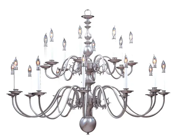 The Jamestown is a commanding foyer chandelier featuring 20 candelabra lights arranged in a multi-tier design. At 48 inches wide and 37 inches tall, this oversized fixture creates impressive visual impact in grand entryways and high-ceiling spaces.