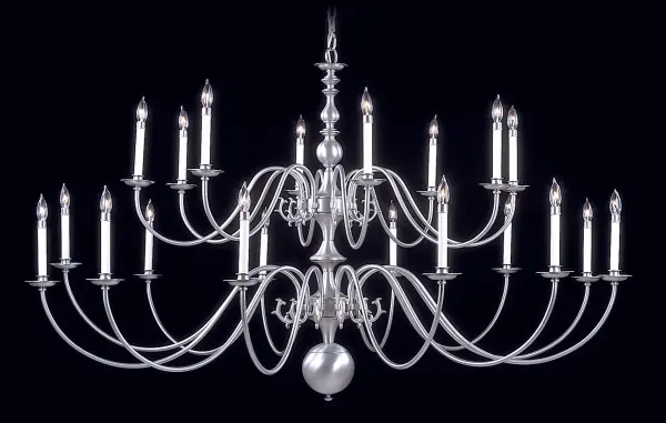 This substantial foyer chandelier delivers impressive scale and traditional elegance with 20 candelabra lights. The Mahogany Bronze finish adds warmth and depth, while the colonial design suits both formal estates and casual homes.
