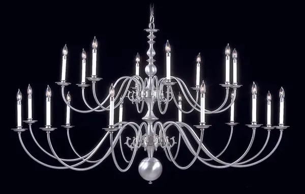 The Jamestown is a commanding foyer chandelier featuring 20 candelabra lights arranged in a multi-tier design. At 69 inches wide and extending over 9 feet, this oversized fixture creates breathtaking visual impact in grand entryways and high-ceiling spaces.