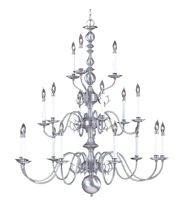 The Jamestown foyer chandelier commands attention with 18 candelabra lights arranged in a multi-tier design. At 46 inches wide and extending up to 118 inches, this oversized fixture is purpose-built for grand entryways and two-story spaces.