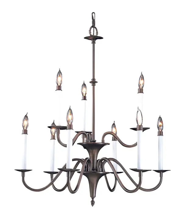 The Jamestown 9-Light Chandelier brings classic elegance to dining spaces with its generous 28-inch width and rich Mahogany Bronze finish. Nine candelabra lights provide ample illumination while the traditional design complements both formal and transitional interiors.