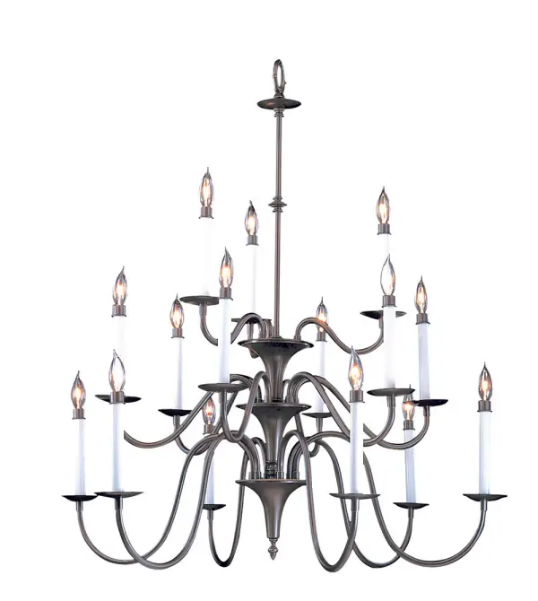 The Jamestown foyer chandelier commands attention with 15 candelabra lights arranged in a dramatic 35-inch wide, 39-inch tall silhouette. Its rich Mahogany Bronze finish and substantial scale make it ideal for two-story entryways and grand spaces.