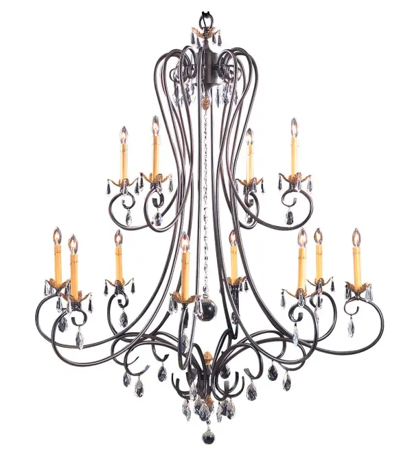 The Liebestraum is a commanding foyer chandelier with 12 candelabra lights and rich Mahogany Bronze finish. At 46" wide and extending over 10 feet, this fixture makes a bold architectural statement in grand entryways and two-story spaces.