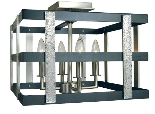 The Montreaux semi-flush combines brushed nickel and matte black finishes for a sophisticated look that bridges traditional and contemporary styles. Its compact 14-inch width makes it ideal for smaller spaces.