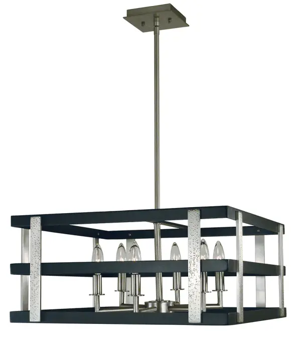 The Montreaux chandelier combines brushed nickel and matte black finishes for a sophisticated transitional look. With six candle-style lights and adjustable hanging heights, it adapts to various ceiling configurations and room sizes.