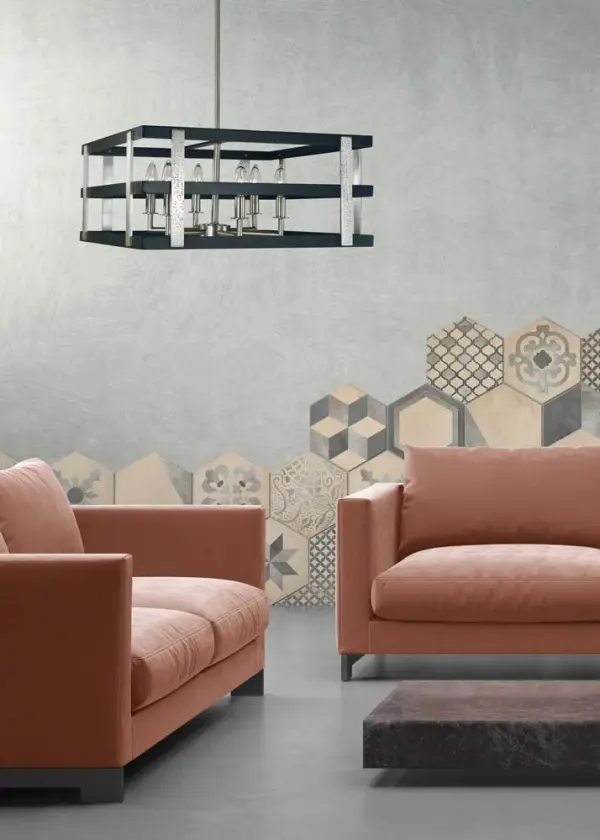 The Montreaux chandelier combines brushed nickel and matte black finishes for a sophisticated transitional look. With six candle-style lights and adjustable hanging heights, it adapts to various ceiling configurations and room sizes. - alternate view