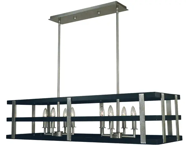 The Montreaux 8-Light Island Chandelier combines brushed nickel and matte black finishes for a refined transitional look. Its 40-inch linear design provides excellent illumination over kitchen islands and dining tables.