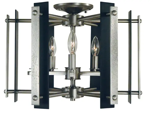 The Bucolic semi-flush combines brushed nickel and matte black finishes for a sophisticated transitional look. With five candle-style lights and an 18-inch width, it provides ample illumination while maintaining a low 13-inch profile ideal for standard ceiling heights.