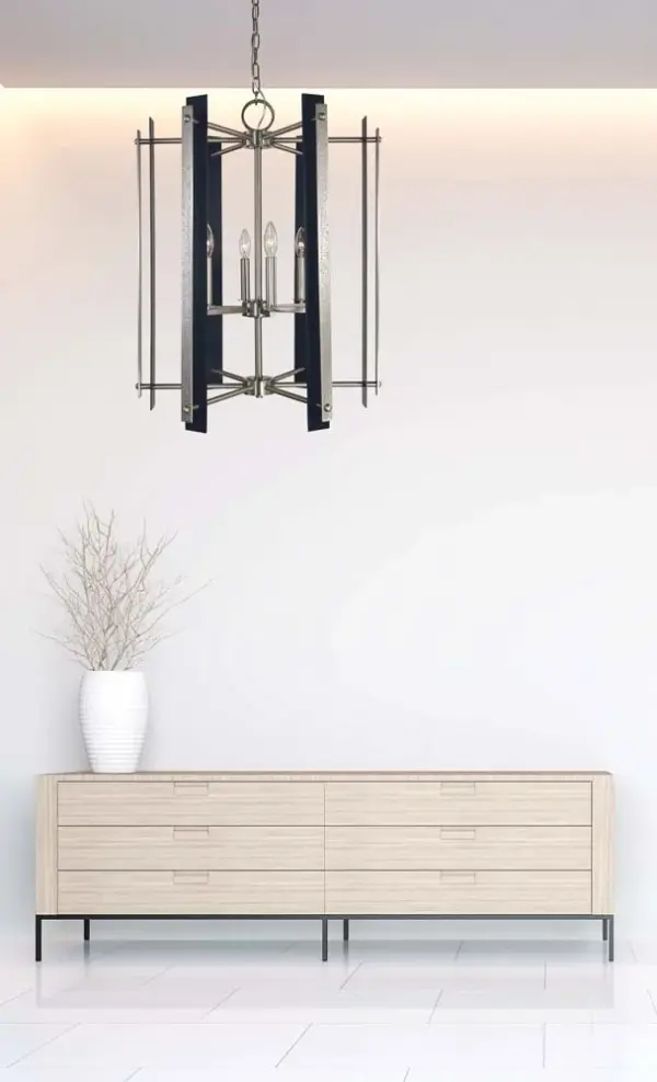 The Bucolic chandelier combines brushed nickel and matte black finishes for a sophisticated transitional look. With 6 candelabra lights and adjustable chain, it's perfect for medium-sized foyers and entryways seeking refined style. - alternate view