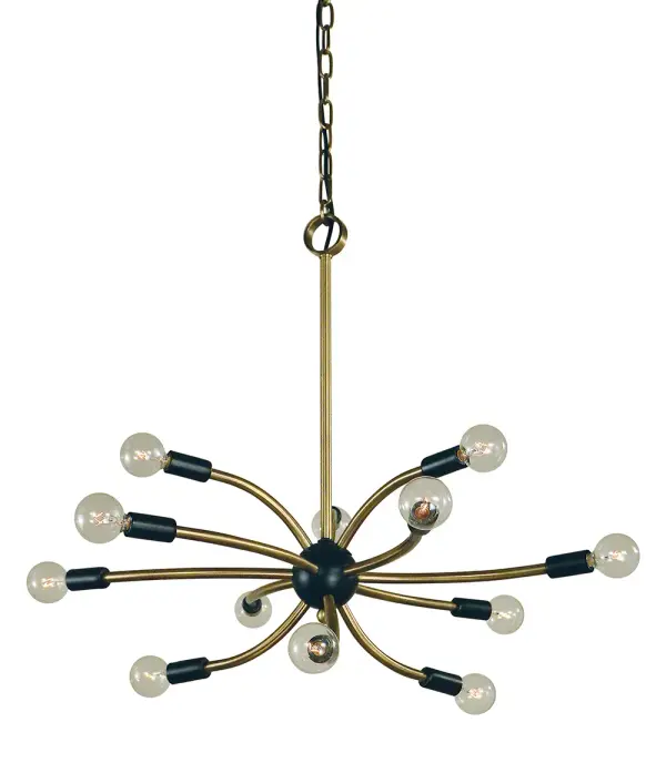 The Comet chandelier makes a bold statement with 12 exposed bulbs and a sophisticated antique brass and matte black finish. Its generous 27-inch width and dramatic design create stunning visual impact over dining tables.