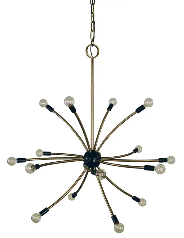 The Comet chandelier makes a bold architectural statement with 16 lights arranged in a contemporary design. Its two-tone finish combines warm antique brass with modern matte black accents, creating visual interest perfect for high-ceiling foyers and grand entryways.