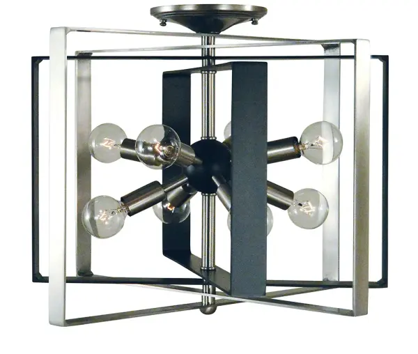 The Interstellar semi-flush combines brushed nickel and matte black in a contemporary 8-light design. At 18 inches wide, it provides substantial illumination while maintaining a low 14-inch profile ideal for standard ceiling heights.