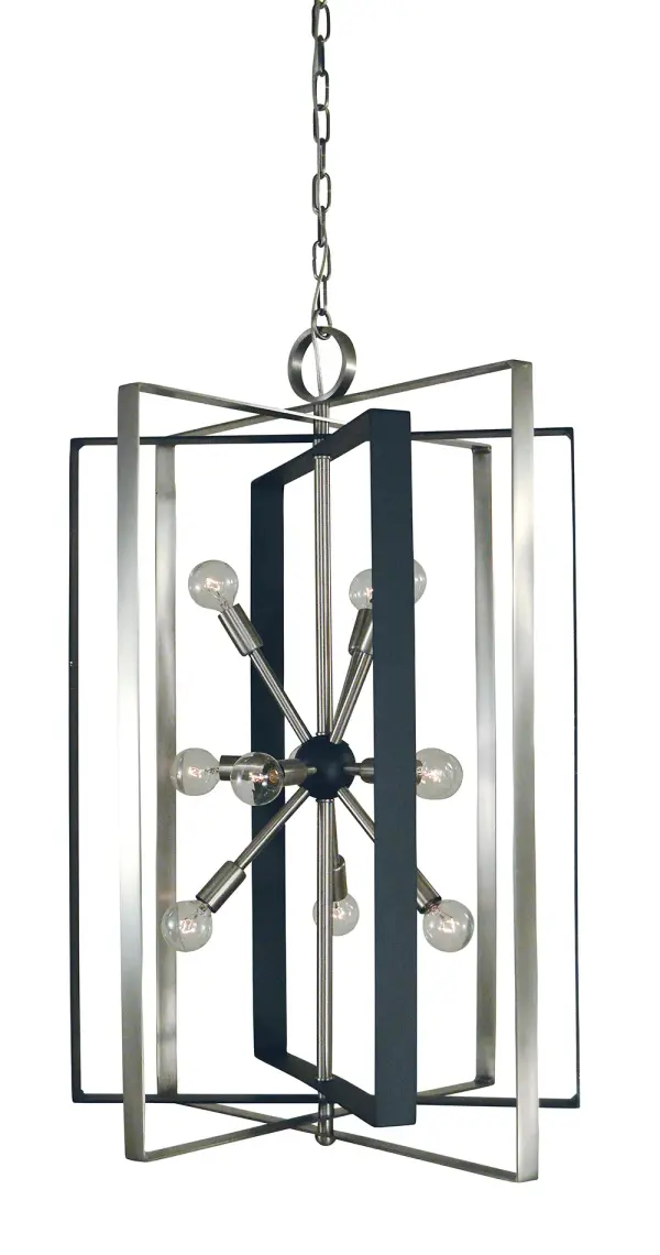 The Interstellar Foyer Chandelier combines brushed nickel and matte black finishes in a contemporary design perfect for grand entryways. With 11 lights and dramatic vertical presence, it creates impressive illumination for high-ceiling spaces.