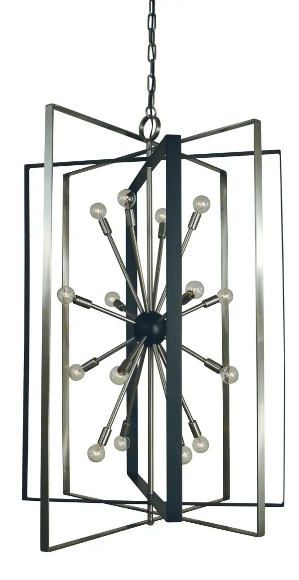The Interstellar chandelier makes a bold architectural statement with 16 lights arranged in a modern geometric design. The brushed nickel and matte black two-tone finish adds sophisticated contrast, perfect for large spaces.