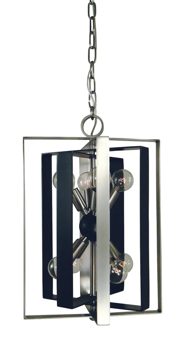The Interstellar 8-Light Foyer Chandelier combines brushed nickel and matte black finishes for a sophisticated contemporary look. Its compact 12-inch width makes it ideal for smaller entryways while providing ample illumination.
