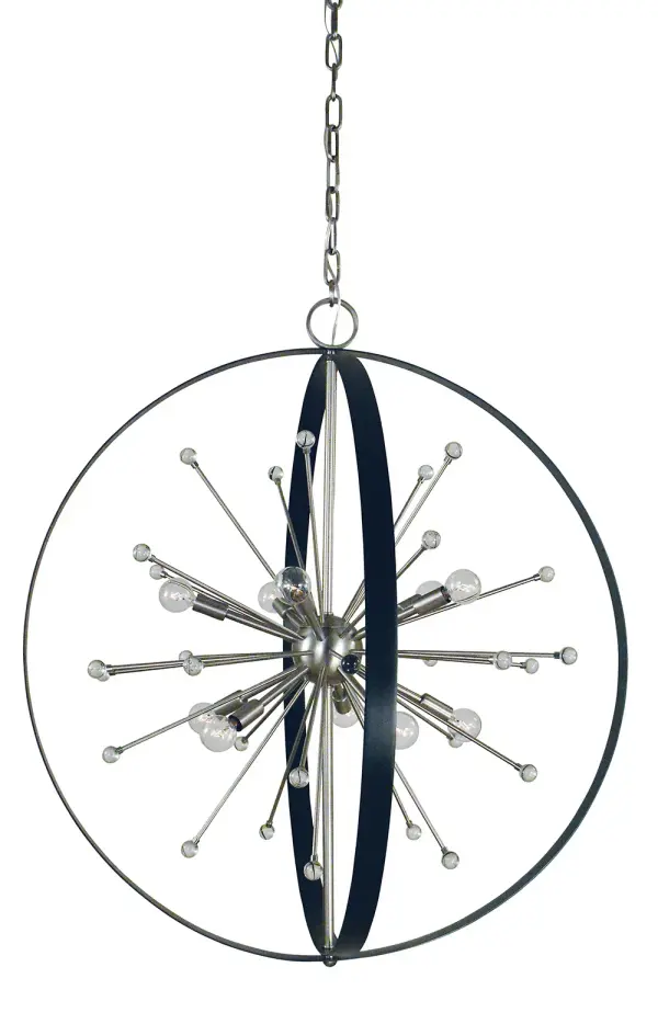 The Nucleus chandelier makes a bold architectural statement with its 10-light configuration and contemporary two-tone finish. At 34 inches wide and extending over 9 feet, this substantial fixture is designed for high-ceiling foyers and grand entryways.