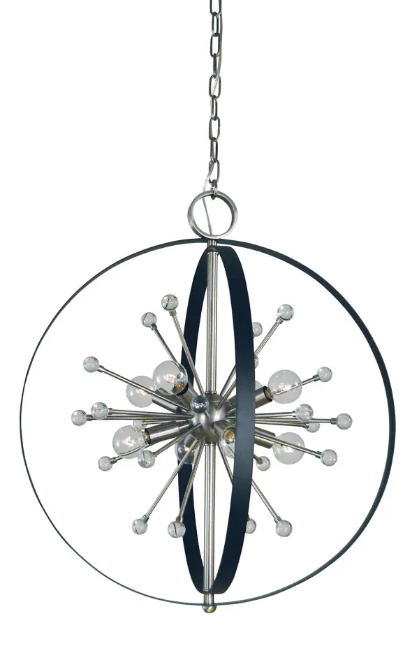 The Nucleus chandelier combines brushed nickel and matte black finishes in a striking contemporary design. With 8 lights and adjustable chain, it delivers substantial illumination while making a bold style statement.