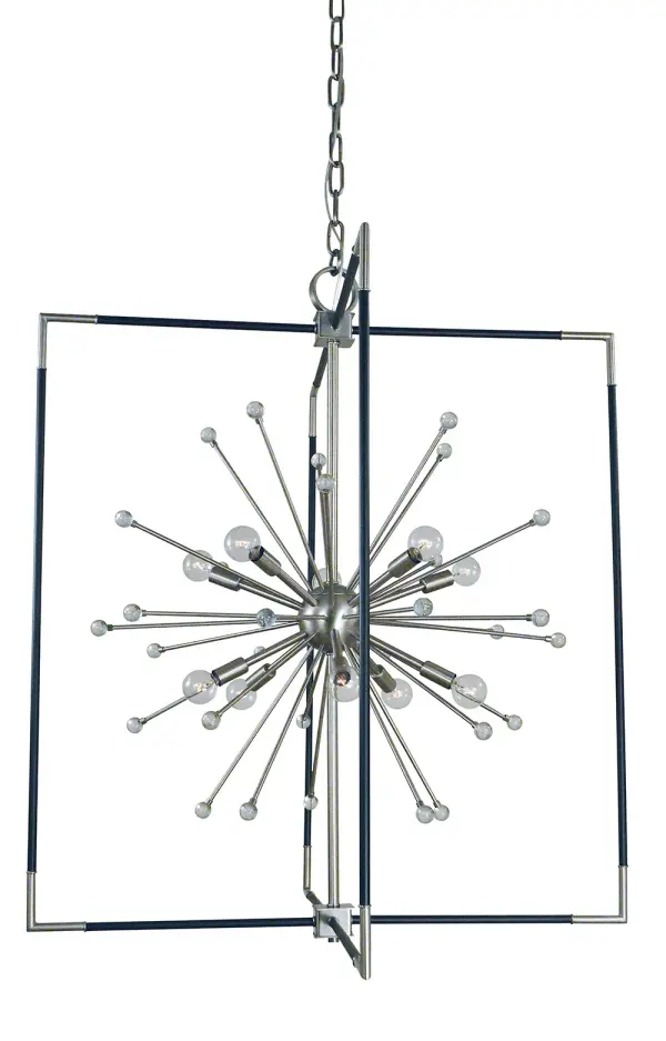 The Zeta foyer chandelier makes a bold architectural statement with its 10-light configuration and sophisticated two-tone finish. At 34 inches wide and extending over 9 feet, this fixture is designed for high-ceiling entryways and grand spaces.