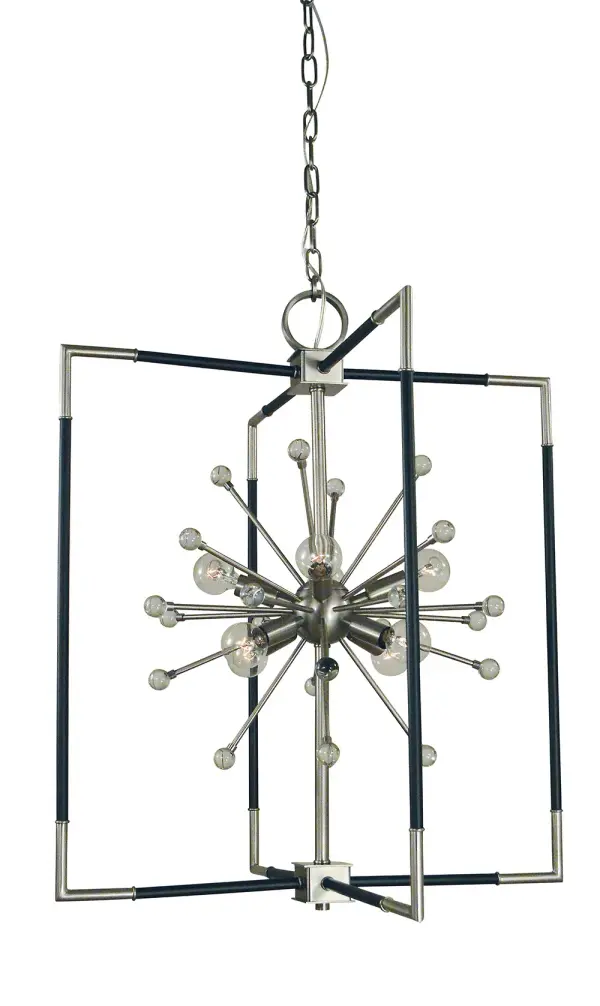 The Zeta chandelier combines brushed nickel and matte black finishes for a contemporary look that works across multiple design styles. With 8 lights and a 23-inch width, it provides excellent illumination for medium-sized dining spaces.