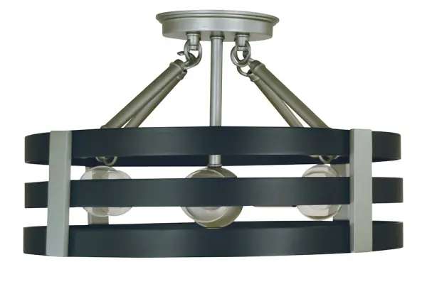 The Luxe semi-flush combines satin pewter and matte black finishes for a contemporary look that works in modern and transitional spaces. Six G16 1/2 bulbs provide ample light in a compact 15-inch fixture.