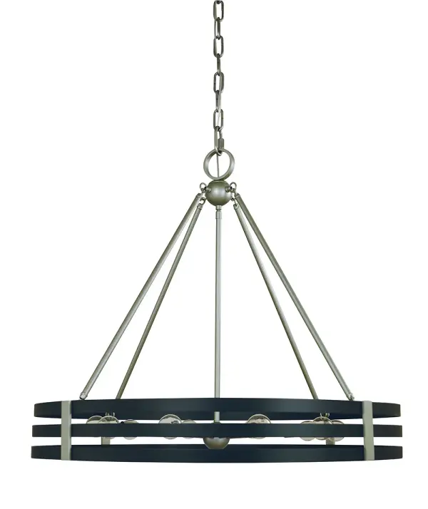 The Luxe chandelier commands attention with its generous 32-inch width and striking satin pewter and matte black finish combination. Ten lights provide exceptional illumination for large dining spaces while the mixed metal aesthetic adds contemporary sophistication.