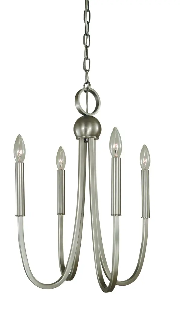 The Alexandria 4-Light Chandelier brings timeless elegance to smaller dining areas with its brushed nickel finish and classic candle-style design. Compact at 16 inches wide, it's perfectly scaled for breakfast nooks and dinettes.