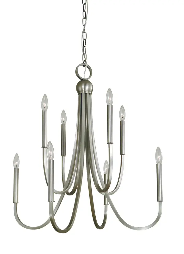 The Alexandria chandelier brings elegant traditional lighting to dining spaces with its 8-light configuration and brushed nickel finish. At 25 inches wide, it's perfectly sized for medium dining rooms and offers versatile styling.