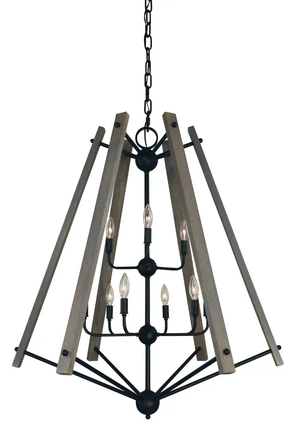 The Meredith foyer chandelier makes a dramatic impact with its 34-inch width and 38-inch height, designed specifically for high-ceiling entryways. Nine lights provide ample illumination while the matte black finish adds contemporary sophistication.