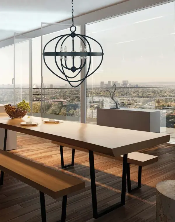 The Aurora chandelier combines classic candelabra styling with a modern matte black finish. Its 26-inch width makes it perfect for medium-sized dining rooms, while the adjustable 6-foot chain allows customization for various ceiling heights. - alternate view