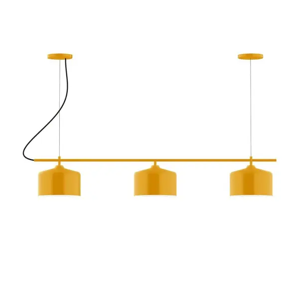 Axis, a contemporary series of basic spun geometric shapes, is simply configured for interior use. Colorful and clean-lined, these axially symmetric shapes will add pizzazz to your space. Collection: Julia Finish: Bright Yellow Glass: 8.5" Julia Notes: A19 LED Width: 8.50" Height: 79.75" Length: 48.00" Weight: 25.00 lb Wire: 6' Gray Fabric Cord Canopy: (2) 5" diameter Number of Bulbs: 3 Maximum Wattage: 100.00 W Bulb Type: A19 Bulb Base: E26 Medium Light Source: Incandescent or LED equivalent Dimmable Voltage: 120.00 V Country of Origin: US Safety Listing: UL/cUL Safety Rating: Dry LED Manufacturer Warranty: 1-year limited warranty on the fixture.