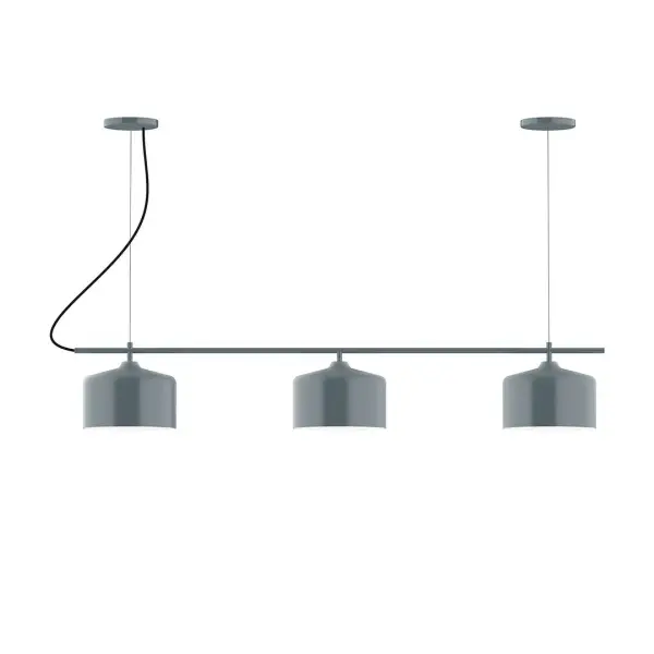 Axis, a contemporary series of basic spun geometric shapes, is simply configured for interior use. Colorful and clean-lined, these axially symmetric shapes will add pizzazz to your space. Collection: Julia Finish: Slate Gray Glass: 8.5" Julia Notes: A19 LED Width: 8.50" Height: 79.75" Length: 48.00" Weight: 25.00 lb Wire: 6' Black Fabric Cord Canopy: (2) 5" diameter Number of Bulbs: 3 Maximum Wattage: 100.00 W Bulb Type: A19 Bulb Base: E26 Medium Light Source: Incandescent or LED equivalent Dimmable Voltage: 120.00 V Country of Origin: US Safety Listing: UL/cUL Safety Rating: Dry LED Manufacturer Warranty: 1-year limited warranty on the fixture.