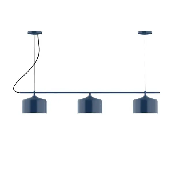 Axis, a contemporary series of basic spun geometric shapes, is simply configured for interior use. Colorful and clean-lined, these axially symmetric shapes will add pizzazz to your space. Collection: Julia Finish: Navy Glass: 8.5" Julia Notes: A19 LED Width: 8.50" Height: 79.75" Length: 48.00" Weight: 25.00 lb Wire: 6' Red and White Zigzag Fabric Cord Canopy: (2) 5" diameter Number of Bulbs: 3 Maximum Wattage: 100.00 W Bulb Type: A19 Bulb Base: E26 Medium Light Source: Incandescent or LED equivalent Dimmable Voltage: 120.00 V Country of Origin: US Safety Listing: UL/cUL Safety Rating: Dry LED Manufacturer Warranty: 1-year limited warranty on the fixture.