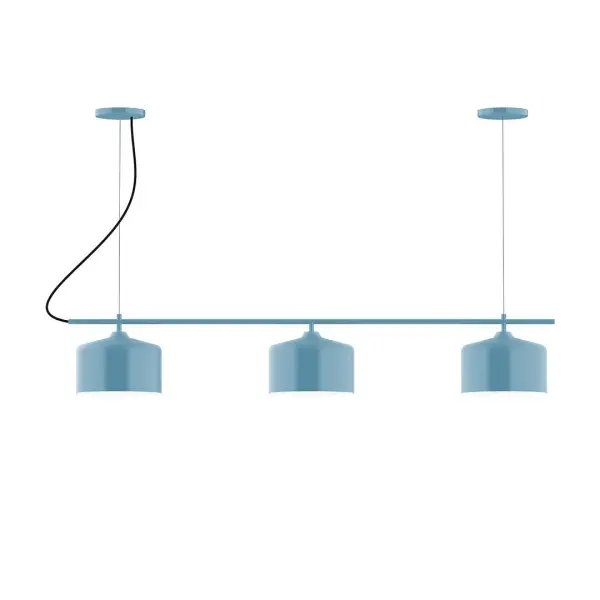 Axis, a contemporary series of basic spun geometric shapes, is simply configured for interior use. Colorful and clean-lined, these axially symmetric shapes will add pizzazz to your space. Collection: Julia Finish: Light Blue Glass: 8.5" Julia Notes: A19 LED Width: 8.50" Height: 79.75" Length: 48.00" Weight: 25.00 lb Wire: 6' Gray Fabric Cord Canopy: (2) 5" diameter Number of Bulbs: 3 Maximum Wattage: 100.00 W Bulb Type: A19 Bulb Base: E26 Medium Light Source: Incandescent or LED equivalent Dimmable Voltage: 120.00 V Country of Origin: US Safety Listing: UL/cUL Safety Rating: Dry LED Manufacturer Warranty: 1-year limited warranty on the fixture.