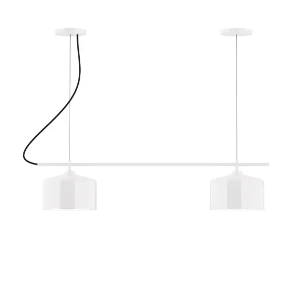 Axis, a contemporary series of basic spun geometric shapes, is simply configured for interior use. Colorful and clean-lined, these axially symmetric shapes will add pizzazz to your space. Collection: Julia Finish: White Glass: 8.5" Julia Notes: A19 LED Width: 8.50" Height: 79.75" Length: 36.00" Weight: 12.00 lb Wire: 6' Black Fabric Cord Canopy: (2) 5" diameter Number of Bulbs: 2 Maximum Wattage: 100.00 W Bulb Type: A19 Bulb Base: E26 Medium Light Source: Incandescent or LED equivalent Dimmable Voltage: 120.00 V Country of Origin: US Safety Listing: UL/cUL Safety Rating: Dry LED Manufacturer Warranty: 1-year limited warranty on the fixture.