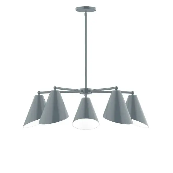The Jasmine collection reflects a more modern RLM style. Clean lines and basic geometric shapes define this series. Available in multiple shade styles to suit your décor, be it modern farmhouse, coastal cottage, or industrial loft. Collection: Jasmine Finish: Slate Gray Glass: 7" Jasmine Width: 31.75" Height: 57.00" Length: 31.75" Weight: 20.00 lb Canopy: 5" diameter Number of Bulbs: 5 Maximum Wattage: 8.00 W Bulb Type: LED Light Source: LED Light Output: 800.00 lm Color Temperature: 3000 K CRI: 90 Dimmable Rated Average Life: 50,000 Voltage: 120.00 V Country of Origin: US Safety Listing: UL/cUL Safety Rating: Dry LED Manufacturer Warranty: 1-year limited warranty on the fixture.