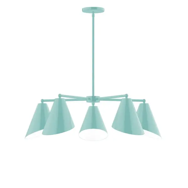 The Jasmine collection reflects a more modern RLM style. Clean lines and basic geometric shapes define this series. Available in multiple shade styles to suit your décor, be it modern farmhouse, coastal cottage, or industrial loft. Collection: Jasmine Finish: Sea Green Glass: 7" Jasmine Width: 31.75" Height: 57.00" Length: 31.75" Weight: 20.00 lb Canopy: 5" diameter Number of Bulbs: 5 Maximum Wattage: 8.00 W Bulb Type: LED Light Source: LED Light Output: 800.00 lm Color Temperature: 3000 K CRI: 90 Dimmable Rated Average Life: 50,000 Voltage: 120.00 V Country of Origin: US Safety Listing: UL/cUL Safety Rating: Dry LED Manufacturer Warranty: 1-year limited warranty on the fixture.