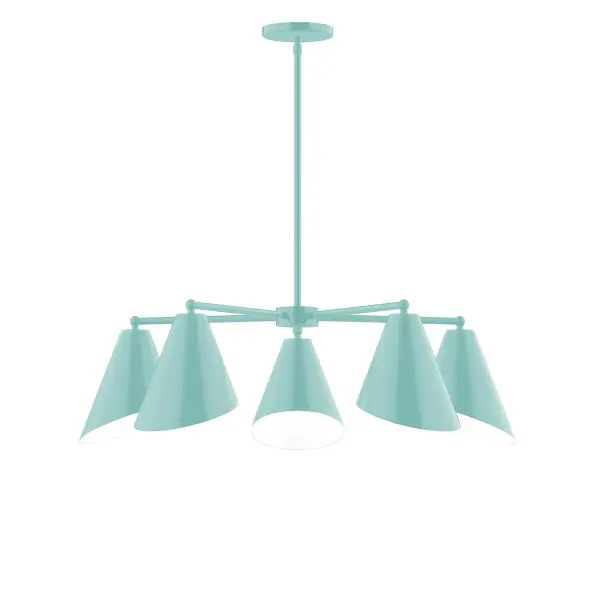 The Jasmine collection reflects a more modern RLM style. Clean lines and basic geometric shapes define this series. Available in multiple shade styles to suit your décor, be it modern farmhouse, coastal cottage, or industrial loft. Collection: Jasmine Finish: Sea Green Glass: 7" Jasmine Notes: A19 LED Width: 31.75" Height: 57.00" Length: 31.75" Weight: 20.00 lb Canopy: 5" diameter Number of Bulbs: 5 Maximum Wattage: 100.00 W Bulb Type: A19 Bulb Base: E26 Medium Light Source: Incandescent or LED equivalent Dimmable Voltage: 120.00 V Country of Origin: US Safety Listing: UL/cUL Safety Rating: Dry LED Manufacturer Warranty: 1-year limited warranty on the fixture.