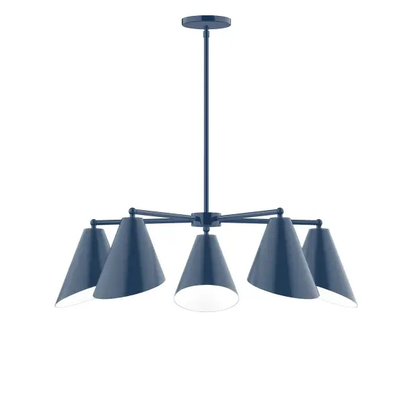 The Jasmine collection reflects a more modern RLM style. Clean lines and basic geometric shapes define this series. Available in multiple shade styles to suit your décor, be it modern farmhouse, coastal cottage, or industrial loft. Collection: Jasmine Finish: Navy Glass: 7" Jasmine Notes: A19 LED Width: 31.75" Height: 57.00" Length: 31.75" Weight: 20.00 lb Canopy: 5" diameter Number of Bulbs: 5 Maximum Wattage: 100.00 W Bulb Type: A19 Bulb Base: E26 Medium Light Source: Incandescent or LED equivalent Dimmable Voltage: 120.00 V Country of Origin: US Safety Listing: UL/cUL Safety Rating: Dry LED Manufacturer Warranty: 1-year limited warranty on the fixture.