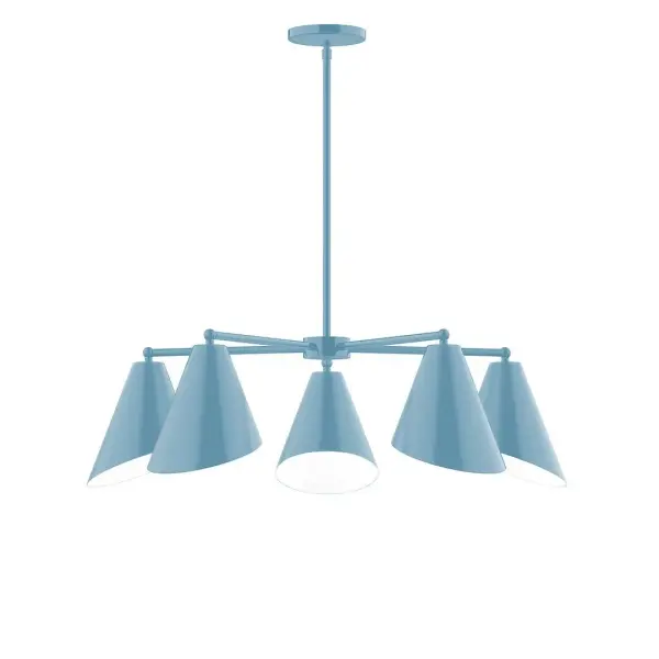 The Jasmine collection reflects a more modern RLM style. Clean lines and basic geometric shapes define this series. Available in multiple shade styles to suit your décor, be it modern farmhouse, coastal cottage, or industrial loft. Collection: Jasmine Finish: Light Blue Glass: 7" Jasmine Width: 31.75" Height: 57.00" Length: 31.75" Weight: 20.00 lb Canopy: 5" diameter Number of Bulbs: 5 Maximum Wattage: 8.00 W Bulb Type: LED Light Source: LED Light Output: 800.00 lm Color Temperature: 3000 K CRI: 90 Dimmable Rated Average Life: 50,000 Voltage: 120.00 V Country of Origin: US Safety Listing: UL/cUL Safety Rating: Dry LED Manufacturer Warranty: 1-year limited warranty on the fixture.