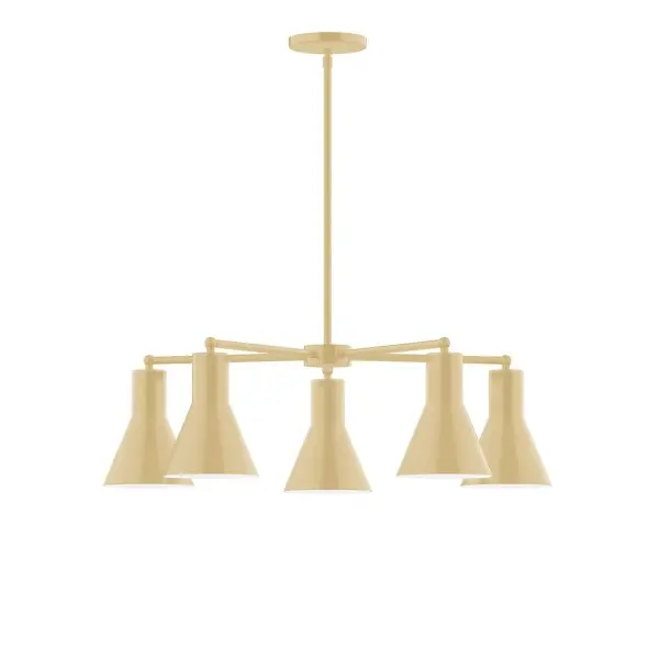 The Flare collection reflects a more modern RLM style. Clean lines and basic geometric shapes define this series. Available in multiple shade styles to suit your décor, be it modern farmhouse, coastal cottage, or industrial loft. Collection: Flare Finish: Ivory Glass: 8" Flare Width: 29.75" Height: 56.50" Length: 29.75" Weight: 20.00 lb Canopy: 5" diameter Number of Bulbs: 5 Maximum Wattage: 8.00 W Light Source: LED Light Output: 800.00 lm Color Temperature: 3000 K CRI: 90 Dimmable Rated Average Life: 50,000 Voltage: 120.00 V Country of Origin: US Safety Listing: UL/cUL Safety Rating: Dry LED Manufacturer Warranty: 1-year limited warranty on the fixture.