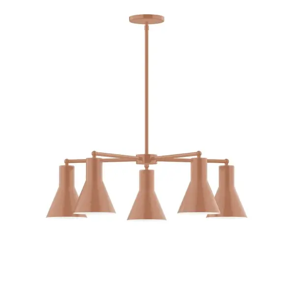 The Flare collection reflects a more modern RLM style. Clean lines and basic geometric shapes define this series. Available in multiple shade styles to suit your décor, be it modern farmhouse, coastal cottage, or industrial loft. Collection: Flare Finish: Terracotta Glass: 8" Flare Width: 29.75" Height: 56.50" Length: 29.75" Weight: 20.00 lb Canopy: 5" diameter Number of Bulbs: 5 Maximum Wattage: 8.00 W Light Source: LED Light Output: 800.00 lm Color Temperature: 3000 K CRI: 90 Dimmable Rated Average Life: 50,000 Voltage: 120.00 V Country of Origin: US Safety Listing: UL/cUL Safety Rating: Dry LED Manufacturer Warranty: 1-year limited warranty on the fixture.