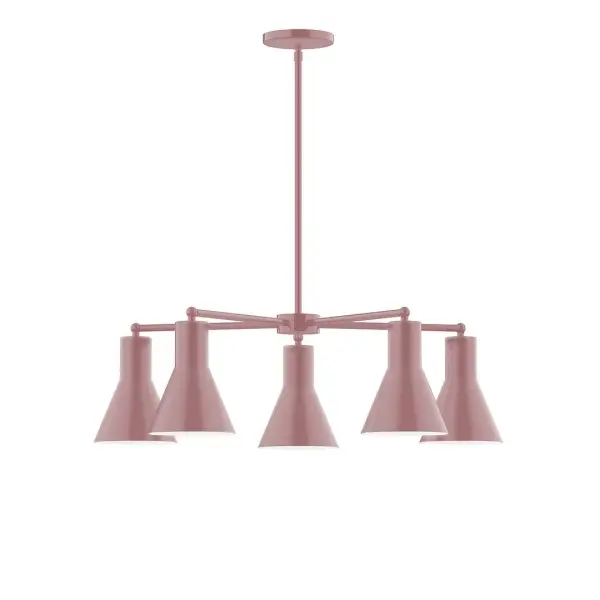 The Flare collection reflects a more modern RLM style. Clean lines and basic geometric shapes define this series. Available in multiple shade styles to suit your décor, be it modern farmhouse, coastal cottage, or industrial loft. Collection: Flare Finish: Mauve Glass: 8" Flare Width: 29.75" Height: 56.50" Length: 29.75" Weight: 20.00 lb Canopy: 5" diameter Number of Bulbs: 5 Maximum Wattage: 8.00 W Light Source: LED Light Output: 800.00 lm Color Temperature: 3000 K CRI: 90 Dimmable Rated Average Life: 50,000 Voltage: 120.00 V Country of Origin: US Safety Listing: UL/cUL Safety Rating: Dry LED Manufacturer Warranty: 1-year limited warranty on the fixture.