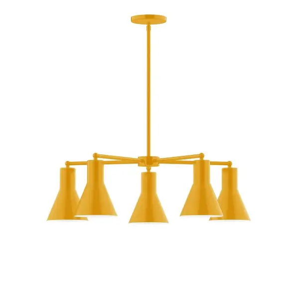 The Flare collection reflects a more modern RLM style. Clean lines and basic geometric shapes define this series. Available in multiple shade styles to suit your décor, be it modern farmhouse, coastal cottage, or industrial loft. Collection: Flare Finish: Bright Yellow Glass: 8" Flare Width: 29.75" Height: 56.50" Length: 29.75" Weight: 20.00 lb Canopy: 5" diameter Number of Bulbs: 5 Maximum Wattage: 8.00 W Light Source: LED Light Output: 800.00 lm Color Temperature: 3000 K CRI: 90 Dimmable Rated Average Life: 50,000 Voltage: 120.00 V Country of Origin: US Safety Listing: UL/cUL Safety Rating: Dry LED Manufacturer Warranty: 1-year limited warranty on the fixture.